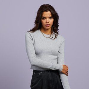 Dazie Light Grey High Neck Cropped Long Sleeve Top - XS